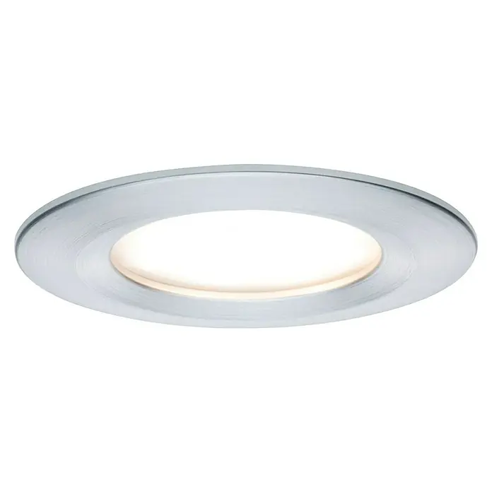 Paulmann Nova LED-Einbauleuchten-Set rund Coin - 3 W, Aluminium, 3 Stk., Warmweiß - Nahaufnahme einer runden, silbernen LED-Einbauleuchte, die helles, warmes Licht ausstrahlt und eine moderne Beleuchtungslösung darstellt.
