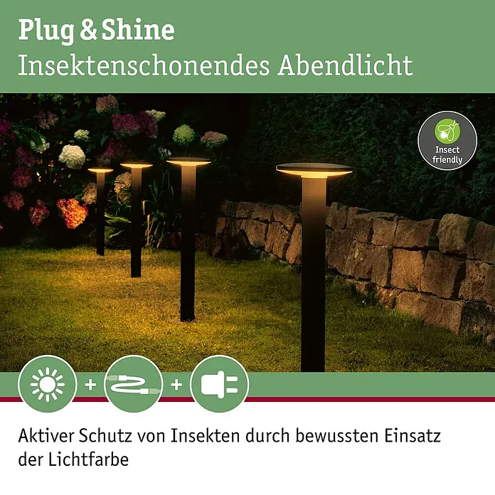 Paulmann Plug & Shine LED-Außenleuchte Plate insektenfreundlich - 7 W, Bernstein, IP44, Farbtemperatur: 2.200 K - Eine Reihe von Plug & Shine-Gartenleuchten mit insektenfreundlichem Abendlicht, die einen aktiven Schutz durch bewussten Einsatz der Lichtfarbe bieten.