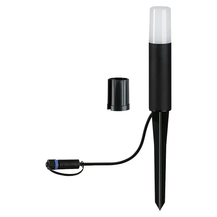 Paulmann Plug & Shine LED-Wegeleuchte Flarea - Schwarz, Höhe: 20 cm, Warmweiß - Eine schwarze Gartenleuchte mit einem weißen Lampenschirm und einem Erdspieß. Die Leuchte ist mit einem Kabel und einem Stecker versehen.