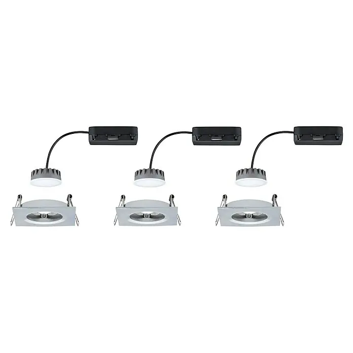 Paulmann Nova LED-Einbauleuchten-Set Plus Coin - 6 W, L x B x H: 7,8 x 7,8 x 4,5 cm, Alu gedreht, 3 Stk., Warmweiß - Dieses Bild zeigt ein Set aus drei versenkten LED-Deckenleuchten mit Treibern, ideal für moderne Innenräume.
