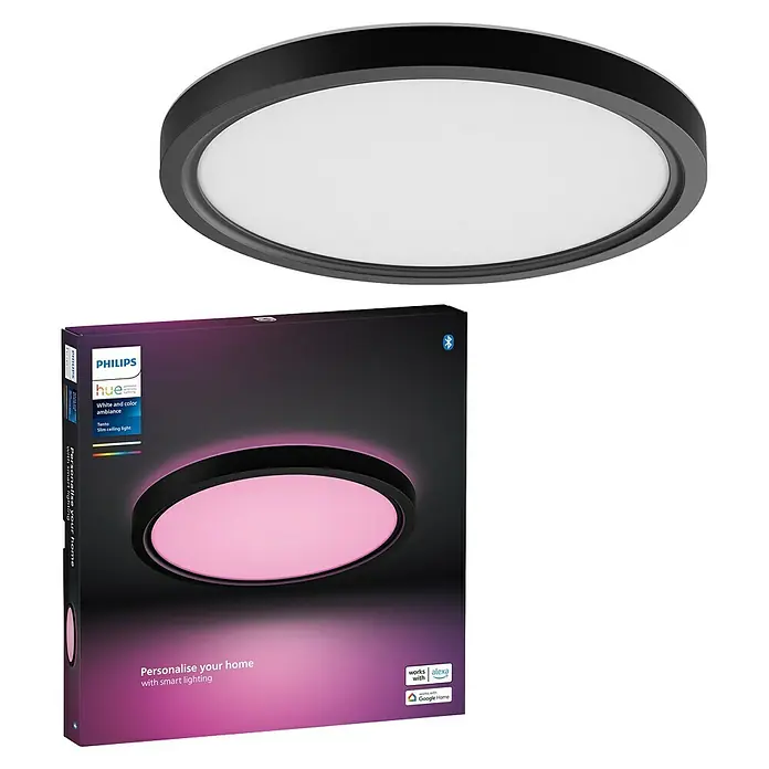 Philips Hue LED-Panel rund White & Color Ambiance Tento S - 25 W, Ø x H: 29,1 x 3,2 cm, Schwarz, RGBW - Das Philips Hue White and Color Ambiance Deckenleuchte-Set, das intelligente Beleuchtung für ein individuelles Ambiente bietet.