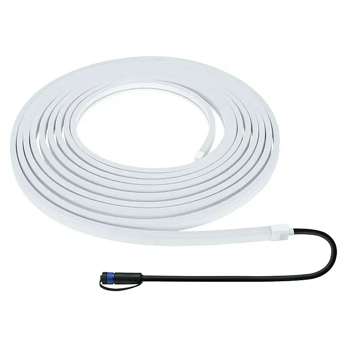 Paulmann Plug & Shine LED-Band Smooth Stripe Outdoor - Länge: 10 m, Lichtfarbe: Warmweiß, 1.540 lm, 24 V, 46 W - Nahaufnahme einer aufgerollten, weißen LED-Neonflex-Lichtschnur mit schwarzem Stromkabel und blauem Stecker.