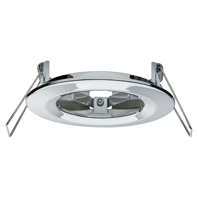 Paulmann Nova LED-Einbauleuchten-Set rund Coin - 3 W, Chrom, 3 Stk., Warmweiß - Nahaufnahme einer verchromten Einbaulampe mit Federn zur Befestigung an der Decke für eine elegante Beleuchtung.