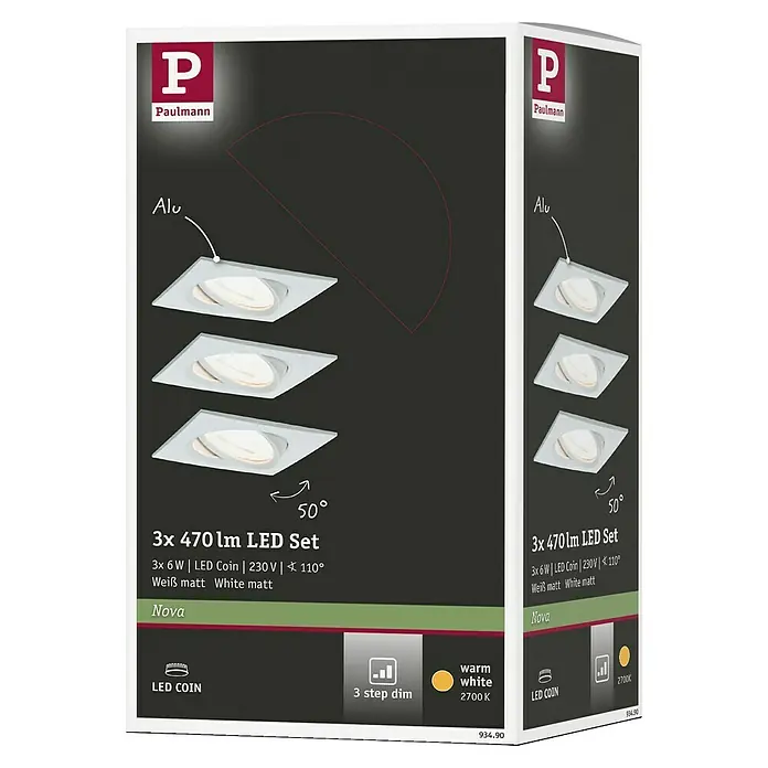 Paulmann Nova LED-Einbauleuchten-Set Coin - L x B x H: 8,4 x 8,4 x 4,5 cm, Weiß matt, 3 Stk., Warmweiß, Dimmbar - Produktverpackung eines Paulmann LED Sets mit drei matten, weißen 6W LED Spots, die ein warmweißes Licht von 2700K ausstrahlen.