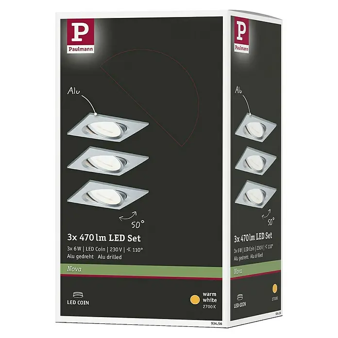 Paulmann Nova LED-Einbauleuchten-Set Coin - L x B x H: 8,4 x 8,4 x 4,5 cm, Alu gedreht, 3 Stk., Warmweiß, Nicht Dimmbar - Verpackung des Paulmann 3er Sets LED Einbaustrahler Nova mit je 6W, 470lm, 230V, 2700K in warmweiß.
