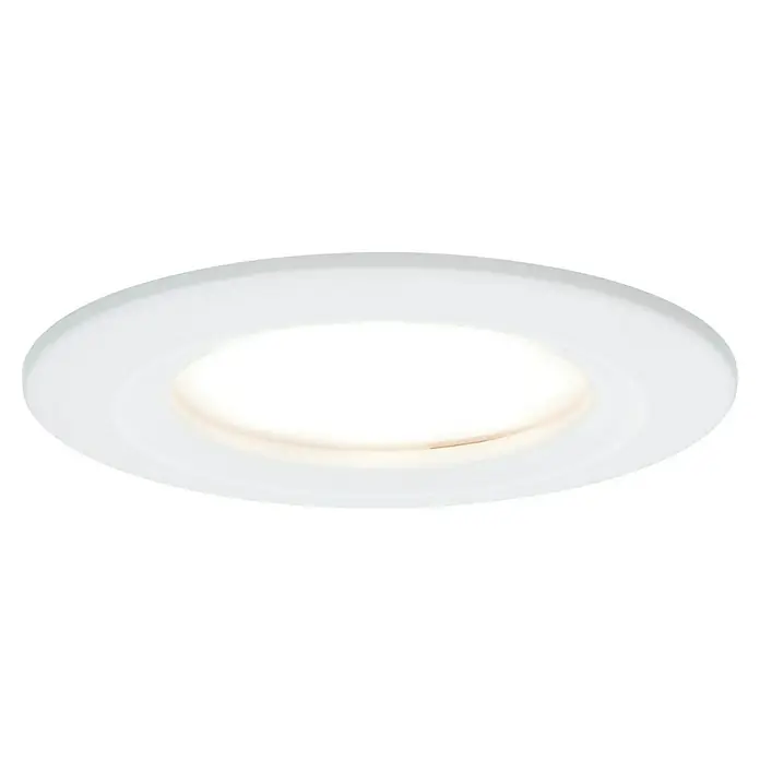 Paulmann Nova LED-Einbauleuchten-Set rund Plus Coin - Ø x H: 7,8 x 4,5 cm, Weiß matt, 3 Stk., Warmweiß - Nahaufnahme einer runden, weißen LED-Deckenleuchte mit einem warmweißen Lichtschein, ideal für moderne Innenräume.