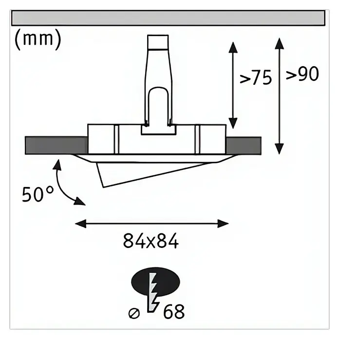 Paulmann Nova LED-Einbauleuchten-Set - L x B x H: 8,4 x 8,4 x 9 cm, 3 Stk., Warmweiß, Nicht Dimmbar, Alu gedreht - Technische Zeichnung einer verstellbaren LED-Einbauleuchte mit Maßen in Millimetern.