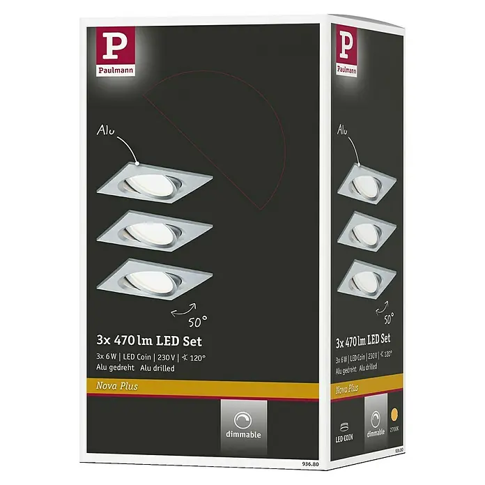 Paulmann Nova LED-Einbauleuchten-Set Plus Coin - L x B x H: 8,4 x 8,4 x 4,5 cm, 3 Stk., Lichtfarbe: Warmweiß, Alu gedreht - Produktverpackung für ein 3er Set Paulmann Nova Plus LED-Einbaustrahler, dimmbar, aus Aluminium gefertigt.