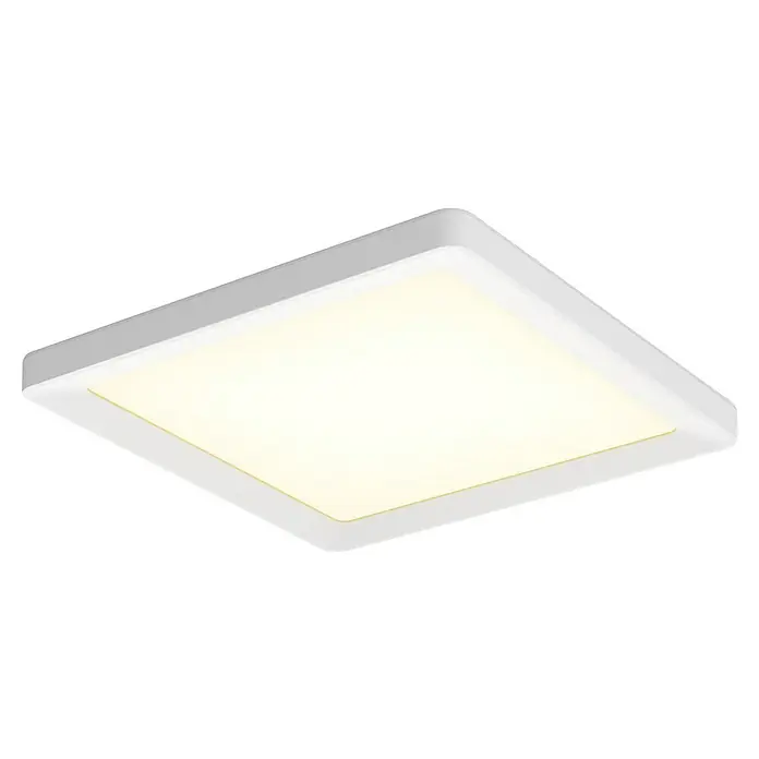 Philips Hue LED-Panel White Ambiance Tento S - 12,6 W, L x B x H: 29,5 x 29,5 x 3,5 cm, Weiß, Warmweiß - Nahaufnahme einer quadratischen LED-Deckenleuchte mit weißem Rahmen und hellem, warmweißem Licht.