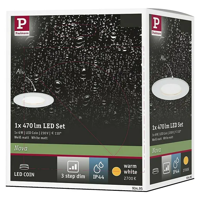 Paulmann Nova LED-Einbauleuchten-Set rund Coin - 3 W, Weiß matt, 1 Stk., Warmweiß - Produktverpackung des Paulmann Nova LED Einbauleuchten Sets mit 470 Lumen und verschiedenen Funktionen wie 3-Stufen-Dimmer.