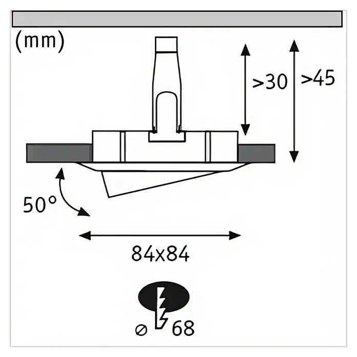 Paulmann Nova LED-Einbauleuchten-Set Plus Coin - L x B x H: 8,4 x 8,4 x 4,5 cm, 3 Stk., Lichtfarbe: Warmweiß, Alu gedreht - Technische Zeichnung einer Lampe mit Maßen und Winkeln, dargestellt in Millimetern für Installationszwecke.