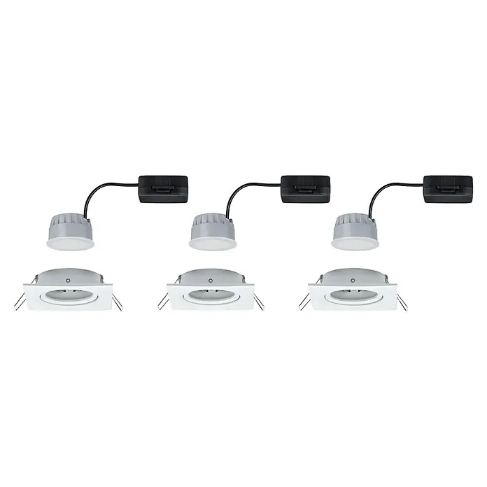 Paulmann Nova LED-Einbauleuchten-Set Coin - L x B x H: 8,4 x 8,4 x 4,5 cm, Weiß matt, 3 Stk., Warmweiß, Dimmbar - Einrichtung mit drei LED-Einbaustrahlern auf einer Schiene, die eine moderne und effiziente Beleuchtungslösung bietet.