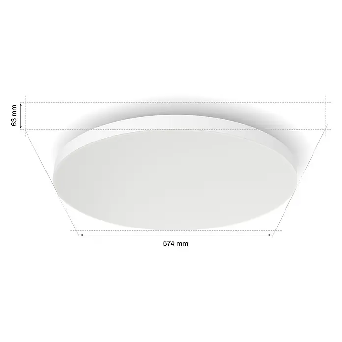Philips LED-Deckenleuchte rund Datura - 67 W, Ø x H: 60 x 5 cm, Weiß, RGBW - Das Bild zeigt eine runde, weiße Deckenleuchte mit den Maßen 574 mm Durchmesser und 63 mm Höhe, ideal für moderne Innenräume.