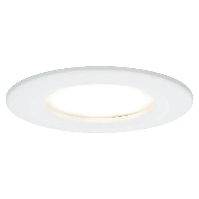 Paulmann Nova LED-Einbauleuchten-Set rund Plus Coin - Ø x H: 7,8 x 4,5 cm, Weiß matt, 1 Stk., Warmweiß, Starr - Nahaufnahme einer runden, weißen LED-Deckenleuchte, die ein warmes Licht ausstrahlt und eine moderne Ästhetik vermittelt.