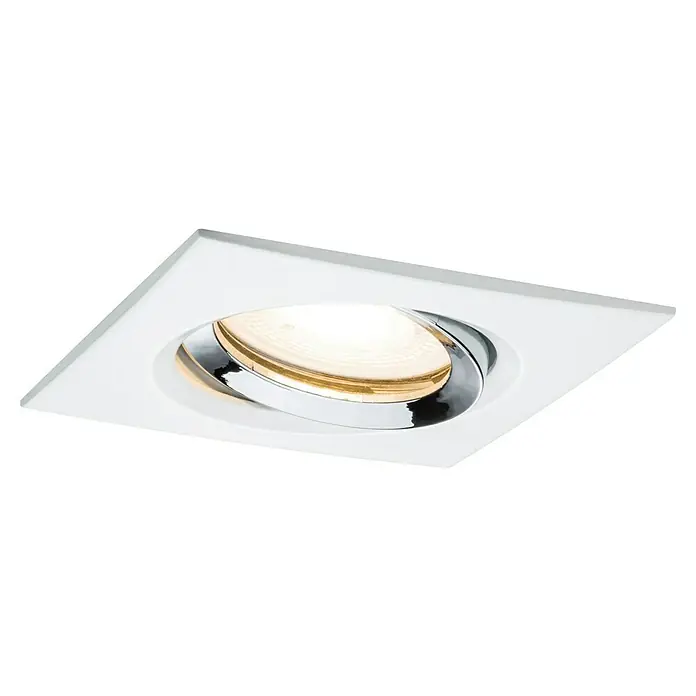 Paulmann Nova Einbauleuchten-Set eckig Plus - L x B x H: 9,3 x 9,3 x 6 cm, Weiß/ Chrom - Detailaufnahme einer quadratischen, weißen Deckeneinbauleuchte mit verstellbarem, chromfarbenem Innenring und warmweißem Licht.