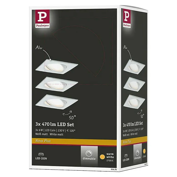 Paulmann Nova LED-Einbauleuchten-Set Plus Coin - L x B x H: 8,4 x 8,4 x 4,5 cm, 3 Stk., Lichtfarbe: Warmweiß, Weiß matt - Abbildung des Paulmann Nova Plus LED-Sets, bestehend aus drei matten, weißen Aluminiumleuchten, die warmweißes Licht mit 2700K ausstrahlen.