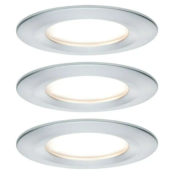 Paulmann Nova LED-Einbauleuchten-Set rund Plus Coin - Ø x H: 7,8 x 4,5 cm, Alu, 3 Stk., Warmweiß - Drei runde LED-Einbauleuchten mit silberfarbenem Rahmen, die ein warmes, einladendes Licht ausstrahlen und eine moderne Beleuchtungslösung bieten.