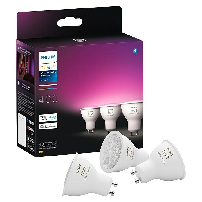 Philips Hue Smart-LED-Lampe White & Color Ambiance (GU10, Dimmbar, RGBW, 400 lm, 4,2 W, 3 Stk.) | BAUHAUS