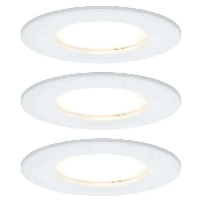 Paulmann Nova LED-Einbauleuchten-Set rund Coin - 3 W, Weiß matt, 3 Stk., Warmweiß - Drei LED-Deckenleuchten in runder Form mit weißem Rahmen und warmweißem Licht. Sie sind modern und minimalistisch gestaltet.