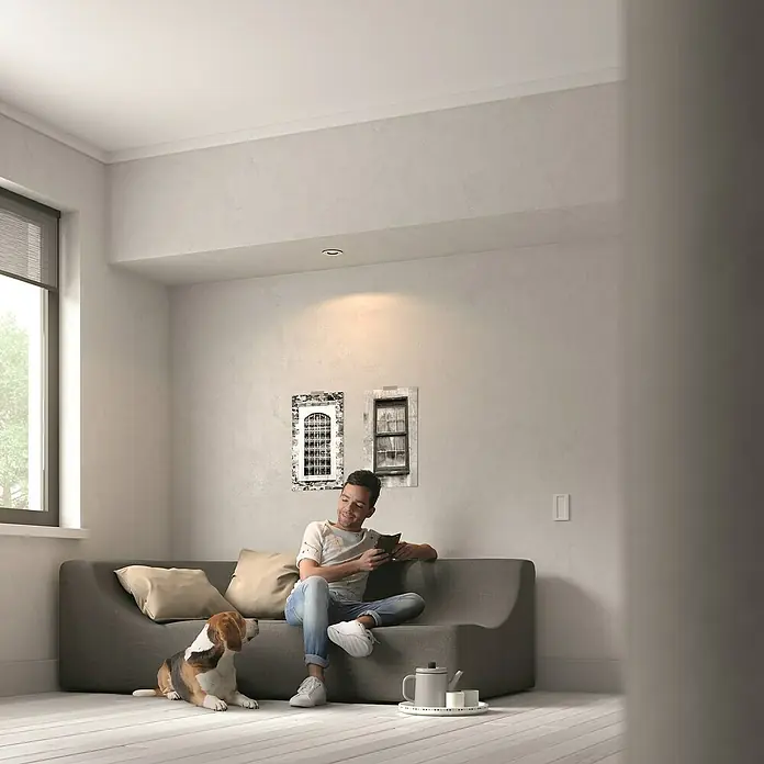 Philips Hue LED-Einbauspot White Ambience Recessed Milliskin - 4,2 W, Ø x H: 9 x 10 cm, Alu, 1 Stk., Kaltweiß - Ein Mann entspannt auf einem grauen Sofa mit Kissen, liest und genießt eine Teepause, während ein Hund neben ihm sitzt.