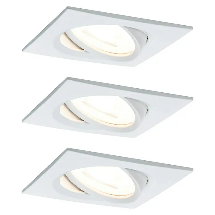 Paulmann Nova LED-Einbauleuchten-Set Coin - L x B x H: 8,4 x 8,4 x 4,5 cm, Weiß matt, 3 Stk., Warmweiß, Nicht Dimmbar - Drei quadratische, weiße Deckenleuchten mit verstellbaren LED-Strahlern, die ein warmes Licht abgeben und eine moderne Beleuchtungslösung darstellen.
