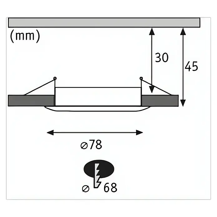 Paulmann Nova LED-Einbauleuchten-Set rund Plus Coin - Ø x H: 7,8 x 4,5 cm, Weiß matt, 3 Stk., Warmweiß - Produktabbildung mit Maßangaben: Durchmesser Ø78, Höhe 30/45 mm, Einbautiefe Ø68 mm. Detaillierte Darstellung für Installation.