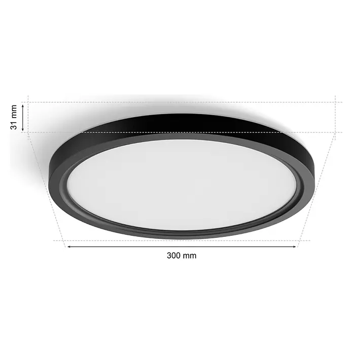 Philips Hue LED-Panel rund White & Color Ambiance Tento S - 25 W, Ø x H: 29,1 x 3,2 cm, Schwarz, RGBW - Nahaufnahme einer runden, schwarzen Deckenleuchte mit weißen Diffusor und den Maßen 300 x 31 mm.