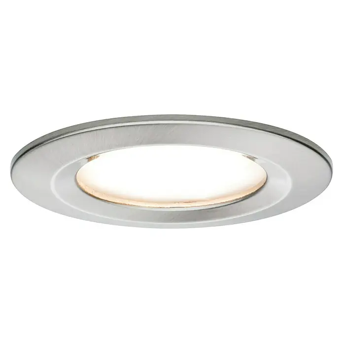 Paulmann Nova LED-Einbauleuchten-Set rund Coin - 3 W, Eisen gebürstet, 1 Stk., Warmweiß - Nahaufnahme einer modernen, runden LED-Deckenleuchte mit gebürstetem Metalleffekt und warmweißem Licht für eine stilvolle Beleuchtung.