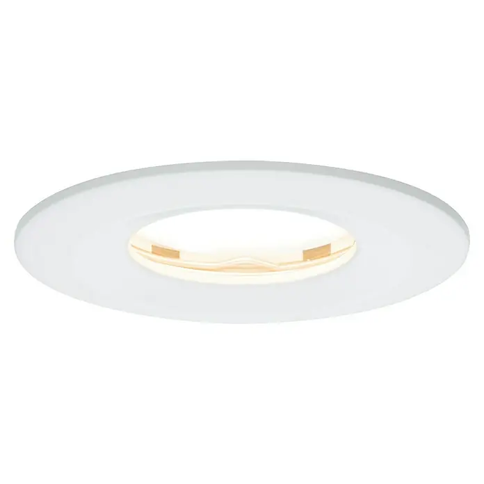 Paulmann Nova LED-Einbauleuchten-Set rund Plus Coin - Ø x H: 7,8 x 4,5 cm, Weiß matt, 1 Stk., Warmweiß - Eine Nahaufnahme einer runden, weißen LED-Deckenleuchte. Das Licht ist warm und erhellt den Raum sanft. Ideal für modernes Design.