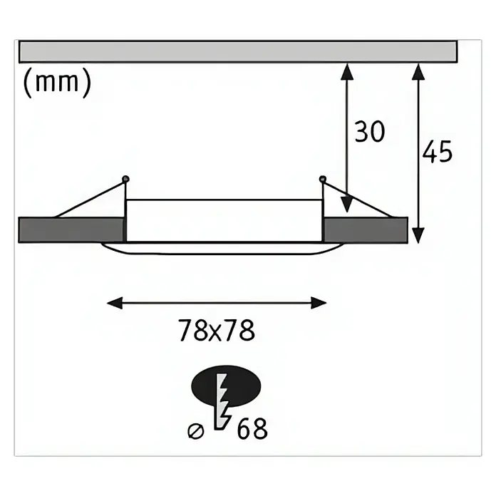 Paulmann Nova LED-Einbauleuchten-Set Plus Coin - 6 W, L x B x H: 7,8 x 7,8 x 4,5 cm, Alu gedreht, 3 Stk., Warmweiß - Produktdiagramm mit Abmessungen: 30 mm und 45 mm Höhe, 78x78 mm Breite, ø 68 mm Loch.