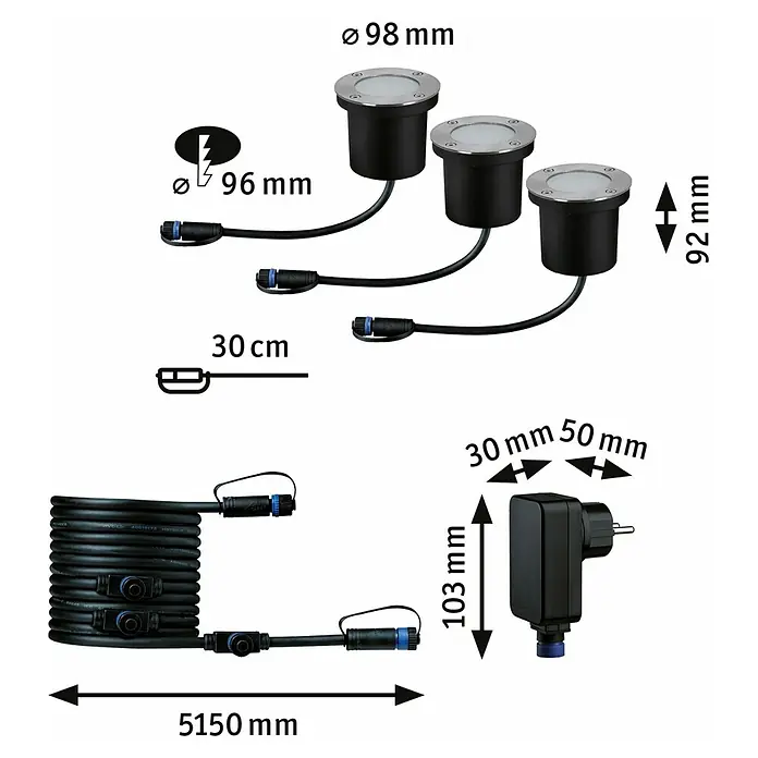 Paulmann Plug & Shine Basis-Set Floor insektenfreundlich - Anthrazit, IP67, Durchmesser: 9,8 cm, 3 Stk. - Produktdarstellung von Bodeneinbaustrahlern mit Maßangaben.