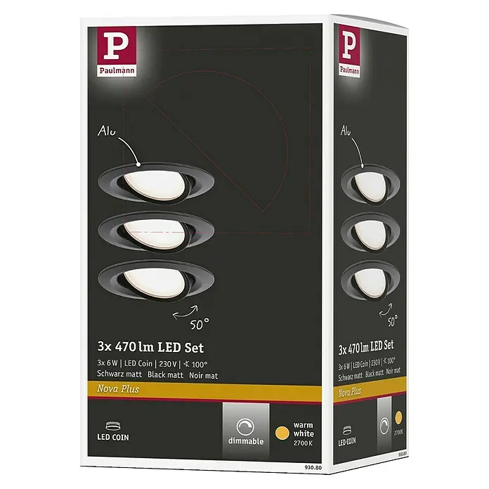 Paulmann Nova LED-Einbauleuchten-Set rund Coin - 6 W, Ø x H: 8,4 x 4,5 cm, Schwarz, 3 Stk., Warmweiß - Packung mit Paulmann Nova Plus LED-Spots, 3er Set, Alu, schwarz matt, dimmbar, warmweiß (2700K) für stimmungsvolle Beleuchtung.