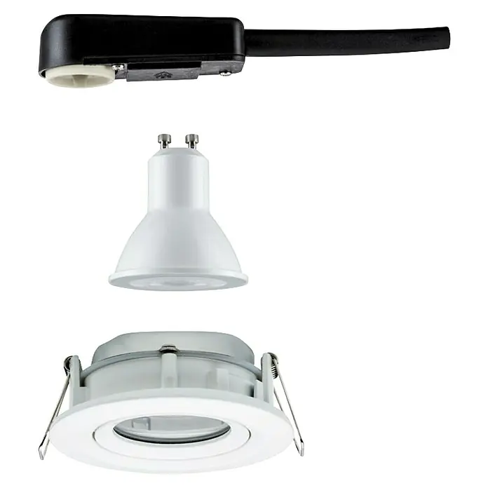 Paulmann Nova LED-Einbauleuchte rund Plus - 6 W, Ø x H: 9,3 x 9,5 cm, Lichtfarbe: Neutralweiß, 1 Stk., Mit Leuchtmittel, Weiß - Drei verschiedene Lampenmodelle: ein Schienenstrahler, ein Halogenstrahler und ein Einbaustrahler, auf einem schwarzen Hintergrund.