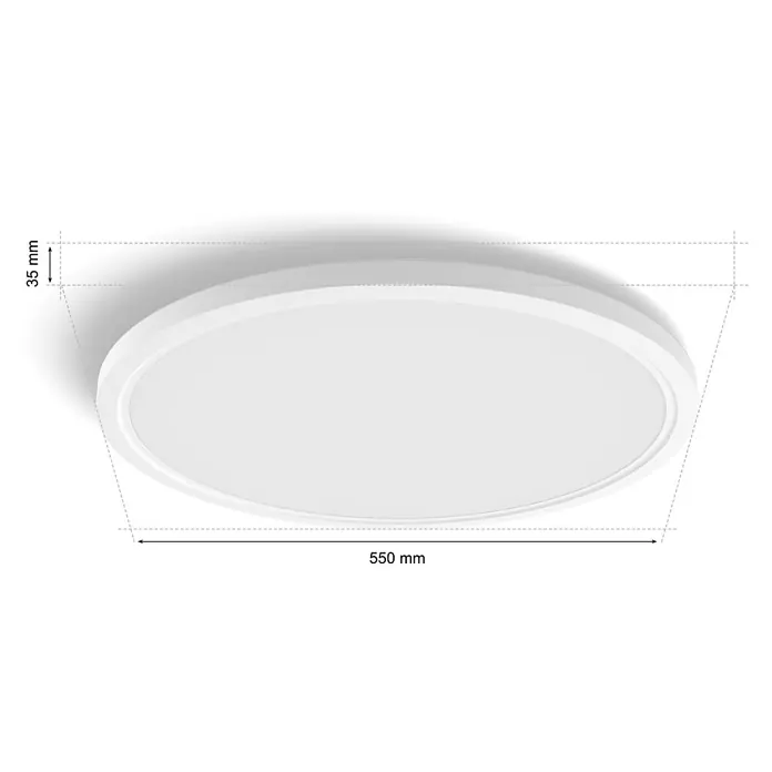 Philips Hue LED-Panel rund White Ambiance Tento XL - 25 W, Ø x H: 54,2 x 3,56 cm, Weiß, Kaltweiß - Abbildung einer runden LED-Deckenleuchte in Weiß mit den Maßen 550 mm Durchmesser und 35 mm Höhe.