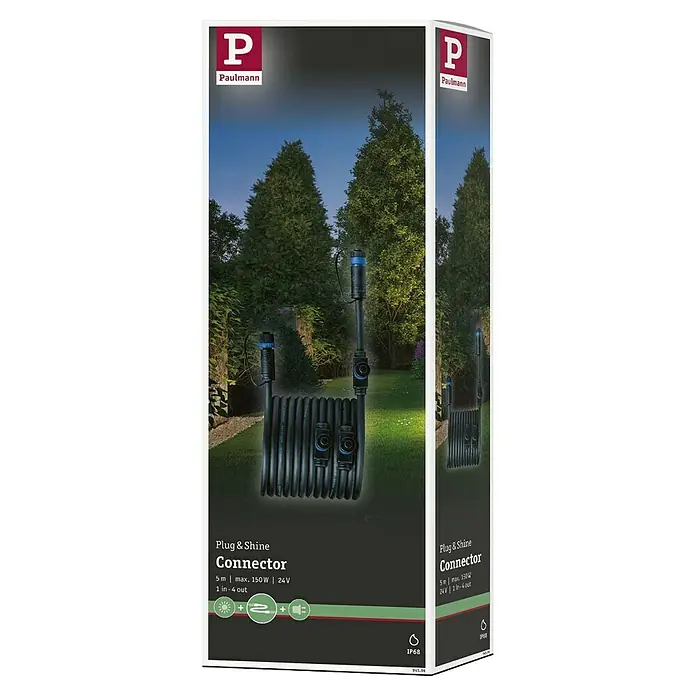 Paulmann Plug & Shine Verbindungskabel - 5 m, 4 Anschlüsse, IP68 - Produktverpackung für Paulmann Plug & Shine Connector, 5m Kabel, max. 150W, 24V, 1 in-4 out, ideal für Gartenbeleuchtung.