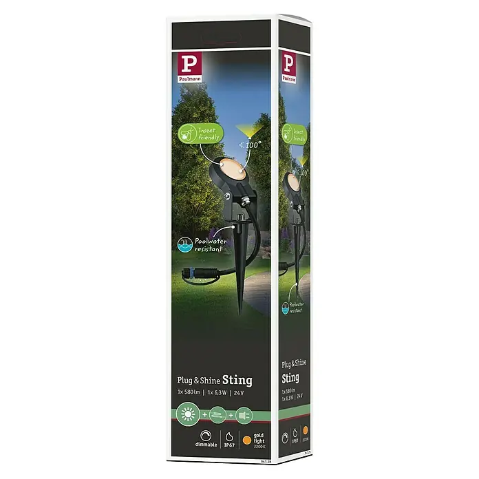 Paulmann Plug & Shine LED-Gartenspot Sting - Ø x H: 5,2 x 29 cm, 6,3 W, Warmweiß - Produktverpackung für Paulmann Plug & Shine Sting Gartenleuchte, 1x 580lm, 1x 6,3W, 24V, dimmbar, IP67, goldlicht 2200K, insektenfreundlich und poolwasserresistent.