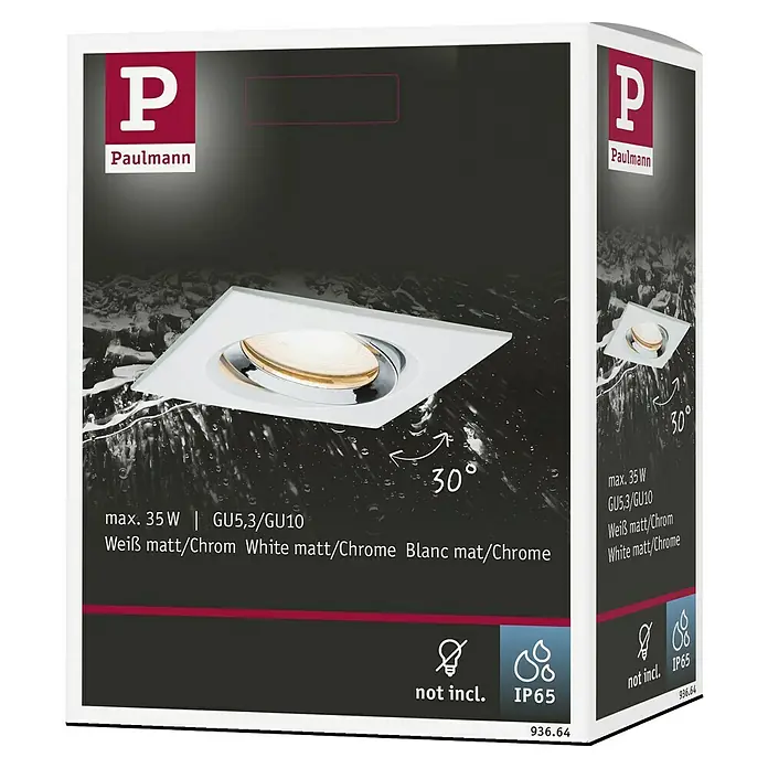 Paulmann Nova Einbauleuchten-Set eckig Plus - L x B x H: 9,3 x 9,3 x 6 cm, Weiß/ Chrom - Produktbild eines Paulmann Einbaustrahlers in Weiß matt/Chrom, geeignet für GU5.3/GU10 Leuchtmittel bis max. 35W, IP65 Schutz.