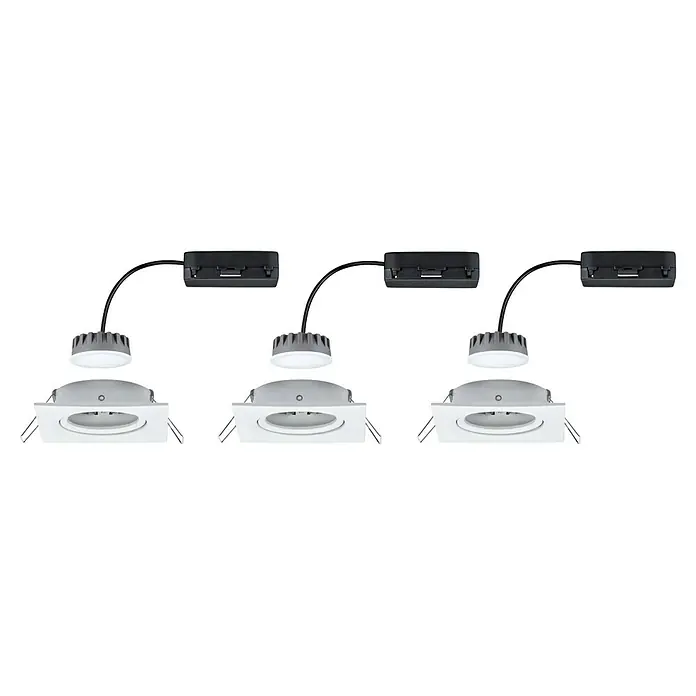 Paulmann Nova LED-Einbauleuchten-Set Plus Coin - L x B x H: 8,4 x 8,4 x 4,5 cm, 3 Stk., Lichtfarbe: Warmweiß, Weiß matt - Einheitliche Anordnung von drei LED-Einbaustrahlern, verbunden durch Kabel und schwarze Boxen. Helle, moderne Beleuchtung für Innenräume.