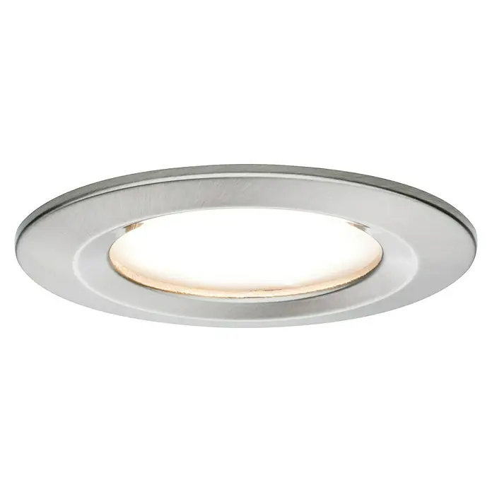 Paulmann Nova LED-Einbauleuchten-Set rund Plus Coin - Ø x H: 7,8 x 4,5 cm, Eisen gebürstet, 3 Stk., Warmweiß - Nahaufnahme einer runden, eingelassenen LED-Deckenleuchte mit gebürsteter Metallfassung und hellem, warmweißem Licht.