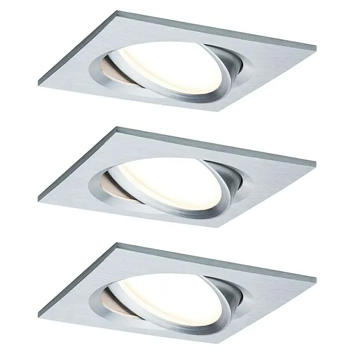 Paulmann Nova LED-Einbauleuchten-Set Plus Coin - L x B x H: 8,4 x 8,4 x 4,5 cm, 3 Stk., Lichtfarbe: Warmweiß, Alu gedreht - Drei quadratische LED-Einbaustrahler in Silber, die ein warmes Licht ausstrahlen und eine moderne Beleuchtungslösung darstellen.