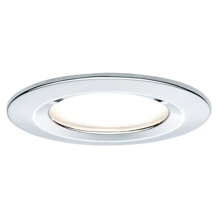 Paulmann Nova LED-Einbauleuchten-Set rund Coin - 3 W, Chrom, 3 Stk., Warmweiß - Nahaufnahme einer modernen LED-Einbauleuchte mit Chromfassung, die helles, warmes Licht abstrahlt und eine elegante Beleuchtungslösung darstellt.