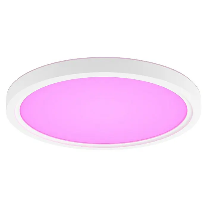 Philips Hue LED-Panel rund White & Color Ambiance Tento S - 25 W, Ø x H: 29,1 x 3,2 cm, Weiß, RGBW - Deckenleuchte mit rosa Licht und weißem Rahmen. Das moderne Design sorgt für eine angenehme Atmosphäre im Raum.