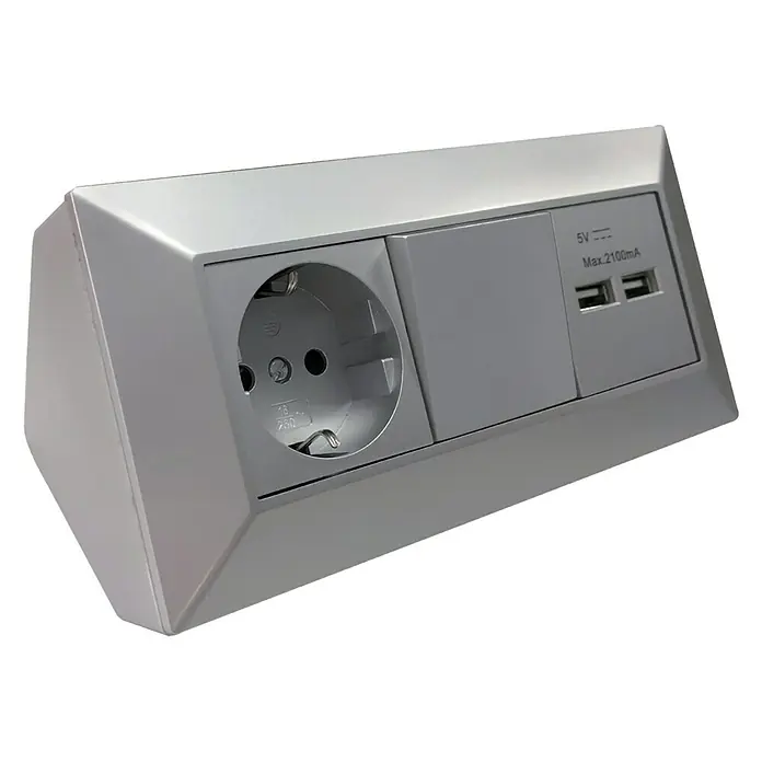 Camargue Espacio Schalterkombination16 A, USB-Anschlüsse - Silberne Steckdose mit zwei USB-Anschlüssen und Schutzkontaktstecker für den Einsatz im Innenbereich.