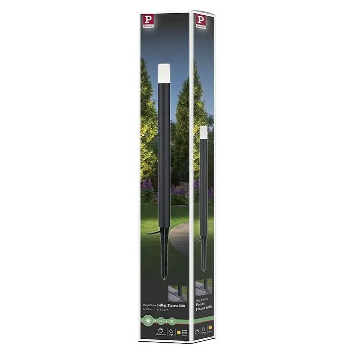 Paulmann Plug & Shine LED-Wegeleuchte Flarea - Schwarz, Höhe: 60 cm, Warmweiß - Abbildung einer Paulmann Plug & Shine Poller Flarea 600 Gartenleuchte in der Produktverpackung, ideal für die Beleuchtung im Außenbereich.