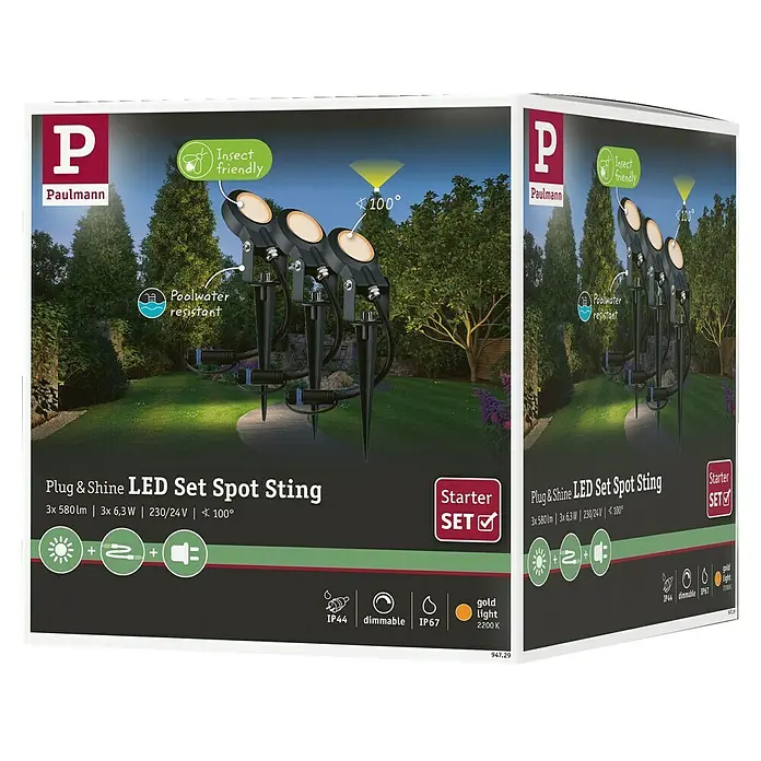Paulmann Plug & Shine Basis-Set LED-Gartenstrahler Sting insektenfreundlich - 6,3 W, Erdspieß, IP67, 2.200 K - Bild einer Paulmann Plug & Shine LED Spot Sting Starter Set-Packung, ideal für Gartenbeleuchtung.
