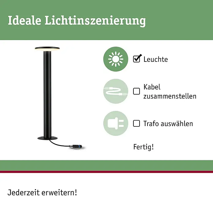 Paulmann Plug & Shine LED-Außenleuchte Plate insektenfreundlich - 7 W, Bernstein, IP44, Farbtemperatur: 2.200 K - Produktabbildung einer eleganten, schwarzen Außenleuchte, die für ideale Lichtinszenierung im Garten sorgt und einfach zu erweitern ist.