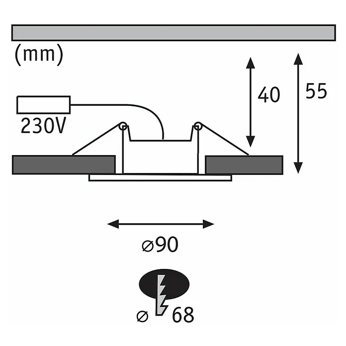 Paulmann LED-Einbauleuchte rund Calla - 5 W, Weiß matt, Neutralweiß, 1 Stk., Starr - Abbildung einer Leuchte mit den Maßen 40 mm und 55 mm Höhe, 90 mm Breite und einem Durchmesser von 68 mm.