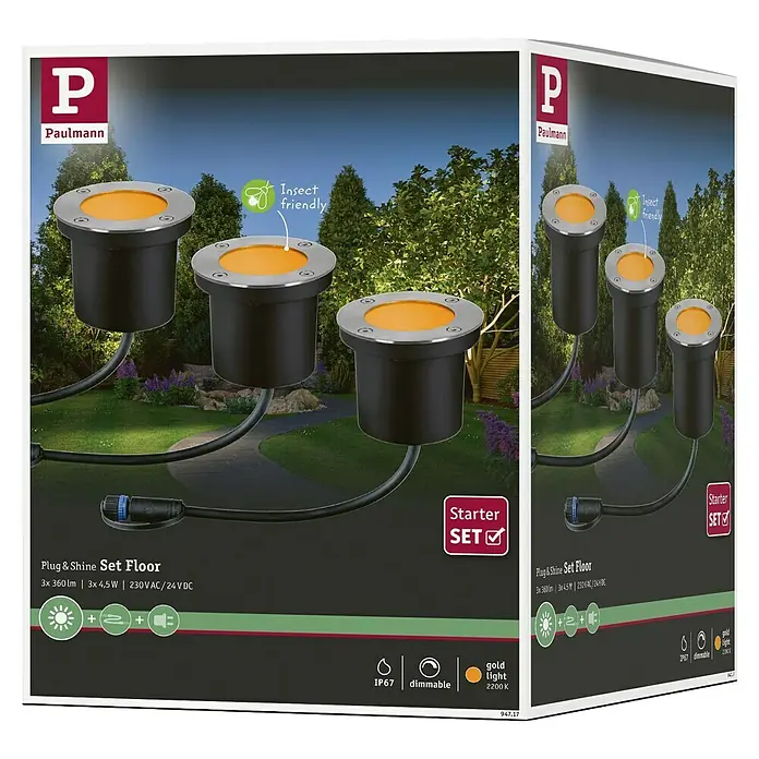 Paulmann Plug & Shine Basis-Set Floor insektenfreundlich - Anthrazit, IP67, Durchmesser: 9,8 cm, 3 Stk. - Abbildung der Paulmann Plug & Shine Set Floor Außenleuchten, ein Starterset mit drei dimmbaren, goldfarbenen Leuchten für den Außenbereich.