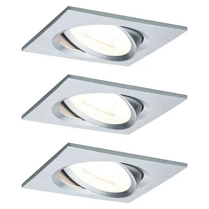 Paulmann Nova LED-Einbauleuchten-Set - L x B x H: 8,4 x 8,4 x 9 cm, 3 Stk., Warmweiß, Alu gedreht - Drei quadratische, silberfarbene LED-Deckeneinbaustrahler mit schwenkbaren Lichtelementen. Moderne Beleuchtung für Wohnräume.