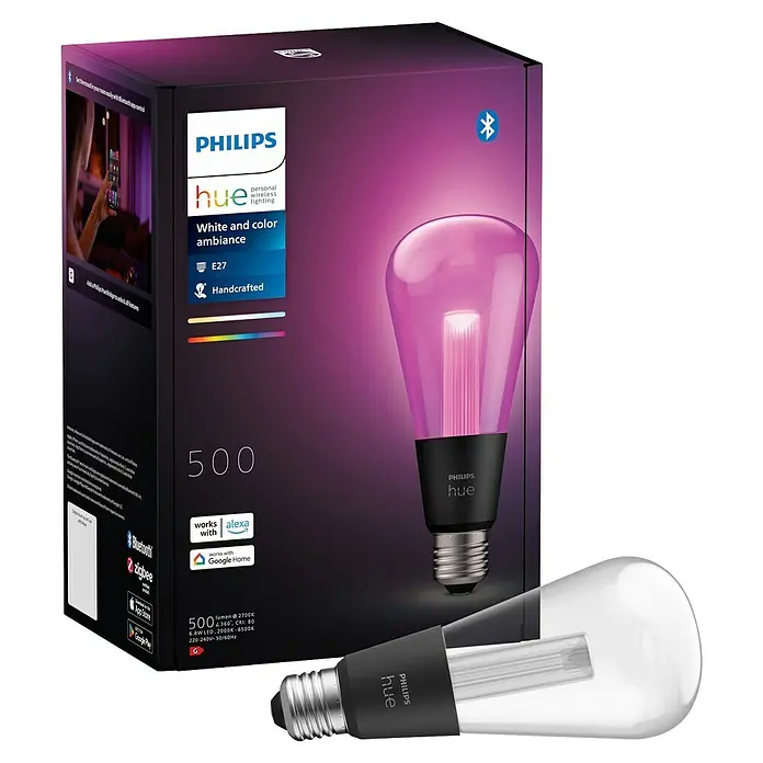 Philips Hue Smart-LED-Lampe Waca Lightguide Edison - E27, Dimmbar, RGBW, 500 lm, 6,8 W, 1 Stk. - Produktbild einer Philips Hue White and Color Ambiance E27 Lampe mit 500 Lumen, die farbig leuchten kann und über Bluetooth steuerbar ist.